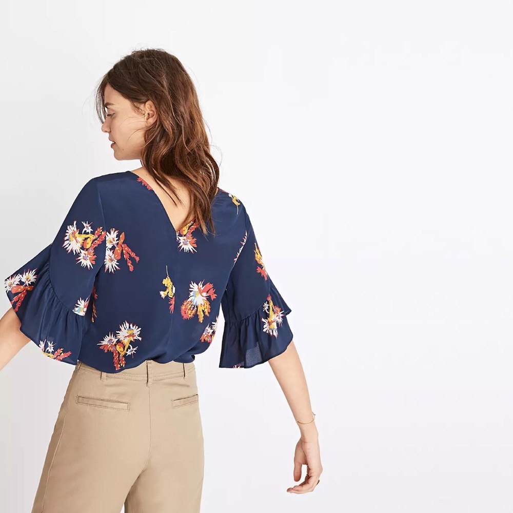 Madewell Silk Ruffle-Sleeve Top in Cactus Flower